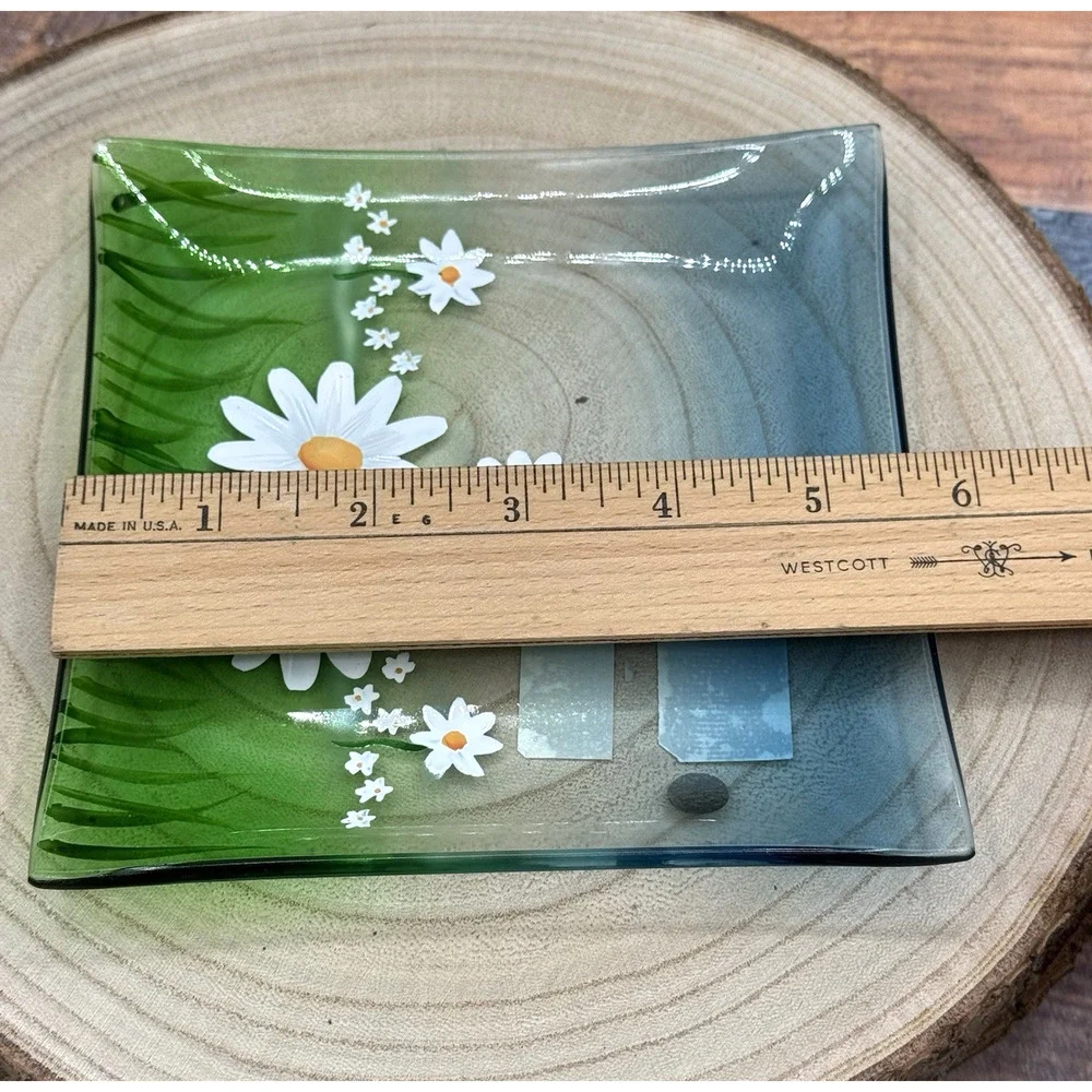 Yankee Candle Daisy Crackle‎ Glass Square Tray /Plate Holder Blue Green 5.5
